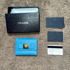 Prada saffiano blue ribbon wallet